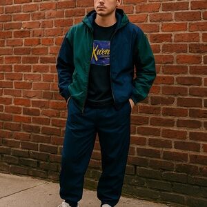 Vtg 90s Creative Edge Silk Colorblock Windbreaker Tracksuit Set Hooded Green Nvy